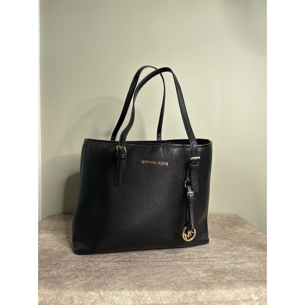 Michael Kors Jet Set Travel Tote Black Saffiano Leather Gold Hardware Large Bag